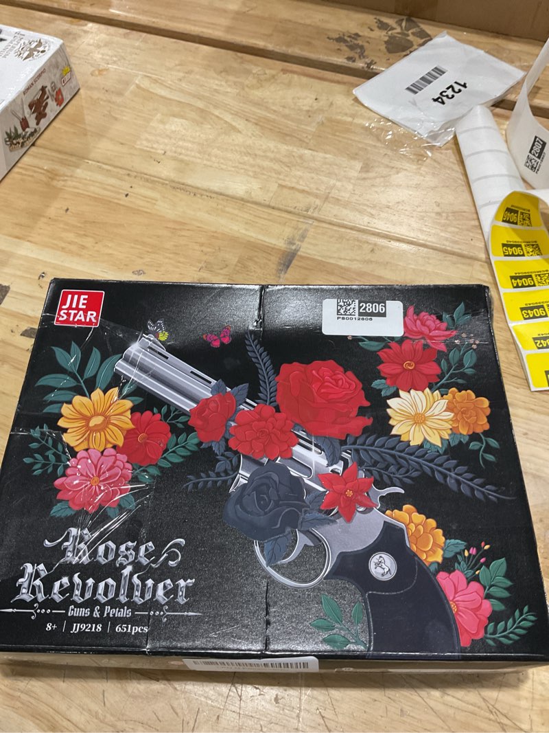 Condition photo showing Good Condition for guns & petals decorative revolver building blocks with red roses gothic rose revolver building kit gothic style display piece creative gift for adults teens 631 pcs