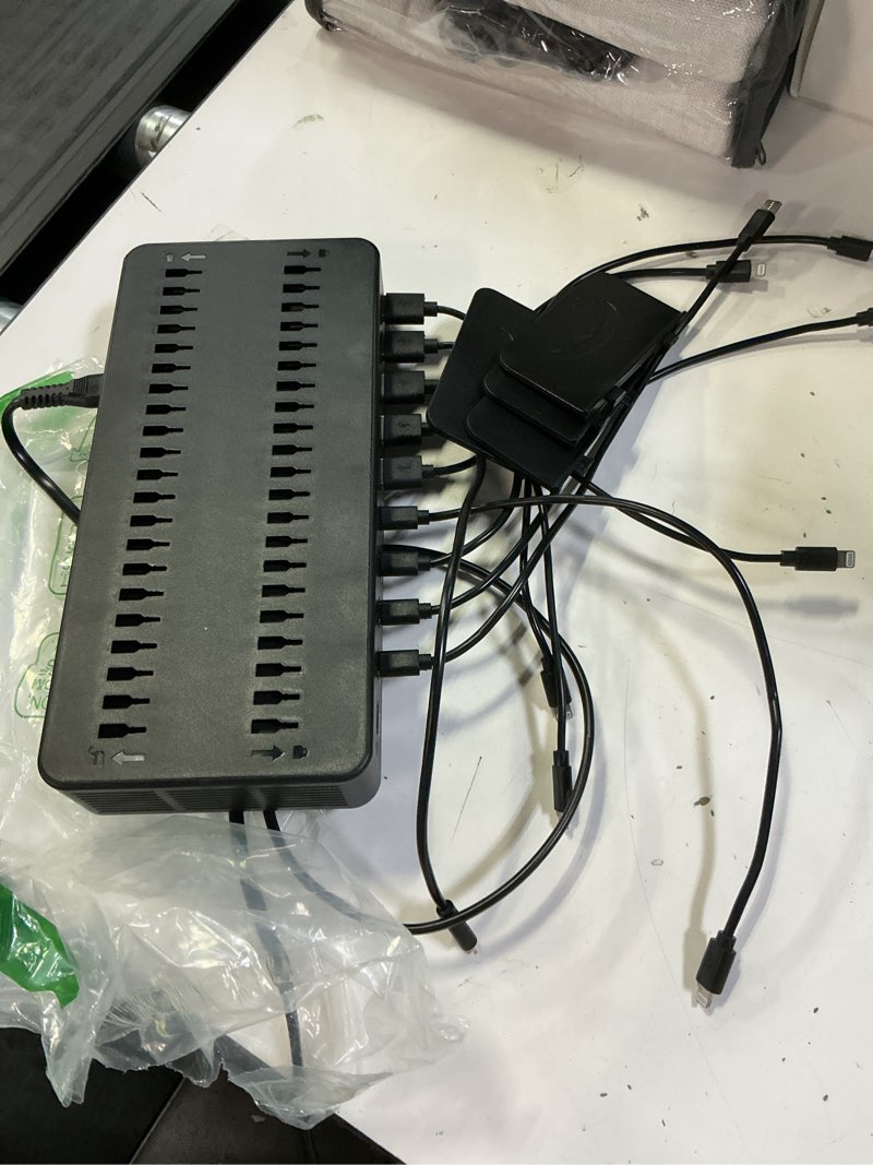 Condition photo showing As Is for 100w charging station for multiple devices, 10-port usb fast charging station with adjustable dividers & 10 cables- multi device organizer charging dock for iphone, ipad, tablets & more black