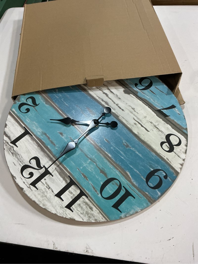Condition photo showing Good Condition for chylin 16 inch wall clock, large outdoor clocks for patio, pool beach house decor tropical clocks for walls, nautical coastal themed blue clock for lake house, bathroom, living room, kitchen (16") 16 inch a-blue,white