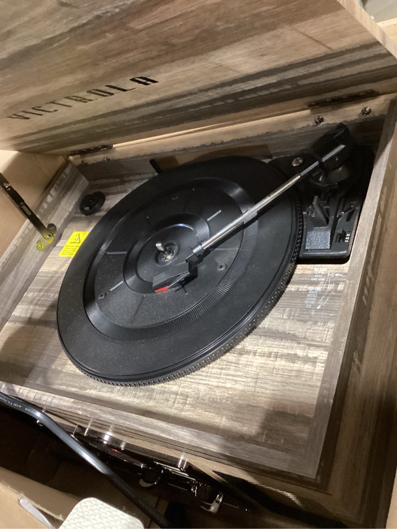 Condition photo showing As Is for Victrola The Quincy 6-in-1 Bluetooth Record Player & Multimedia Center with Built-in Speakers – 3-Speed Turntable, CD & Cassette Player, AM/FM Radio, Wireless Music Streaming (Farmhouse Oatmeal) Farmhouse Oatmeal Record Player