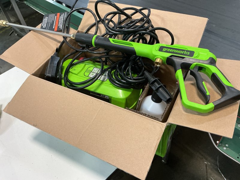 Condition photo showing As Is for greenworks 1800-psi 1.2-gpm cold water electric pressure washer with 2 spray tips