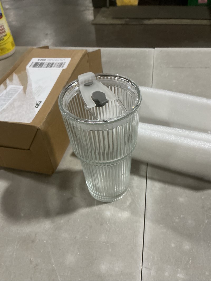 Condition photo showing As Is for 20 oz glass tumblers, iced coffee cups with lids and glass straws, thickened wall ribbed glass cups, ideal for smoothies, cocktails, and juices – vintage and durable drinkware – 1 pack ribbed-1pack
