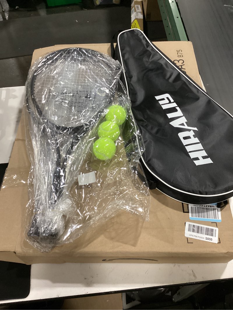 Condition photo showing New/Like New for hiraliy tennis rackets 2 pack for adults beginners - 27 inch lightweight aluminum tennis racquet set with 3 balls & carry bag - vibration dampening & large sweet spot for men women couples black