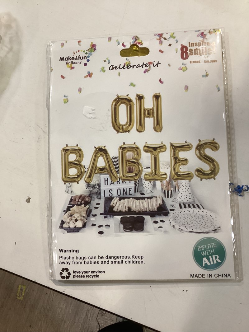 Condition photo showing New/Like New for twins baby shower decorations - oh babies gold balloon, oh babies banner garland, gender reveal party supplies, new born baby shower decorations