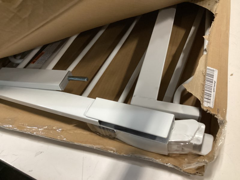 Condition photo showing As Is for regalo safety 38" baby gate for doorways & bottom of stairs, pressure mount design for babies, toddlers & pets, tested & safe for 30 years, american designed, american owned, white white 29-38.5"w x 30"h