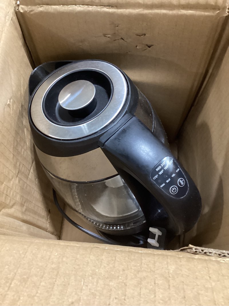 Condition photo showing Good Condition for Gourmia Programmable Digital Glass Kettle – 1.7L Adjustable Temperature Electric Kettle with 6 Presets, Keep Warm, Stainless Steel Tea Infuser, 360° Swivel Base, Black