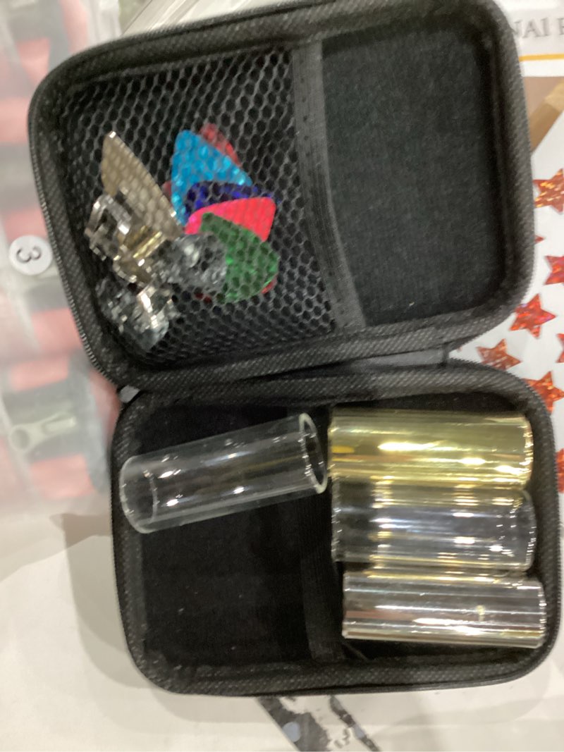 Condition photo showing As Is for Guitar Slide, 4pcs Augshy Medium Guitar Slides(1 Stainless Steel, 1 Brass and 2 Glass), 4pcs Stainless Steel and 4pcs Plastic Thumb & Finger Picks, 10pcs Guitar Picks All in One Box Guitar Accessories Multicolor 2