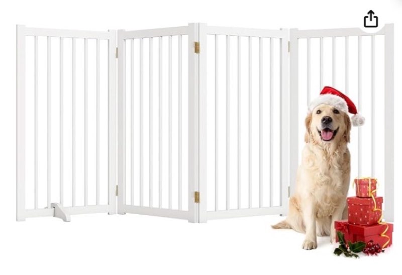 (Similar to stock photo) 36\" H Freestanding Pet Gate, Solid Wood Foldable Dog Gate with Support Feet, Wooden Tall Dog Gate for Doorway, Stairs & Indoor Use, 60\" Wide Expandable Pet Fence, 4 Panels, White