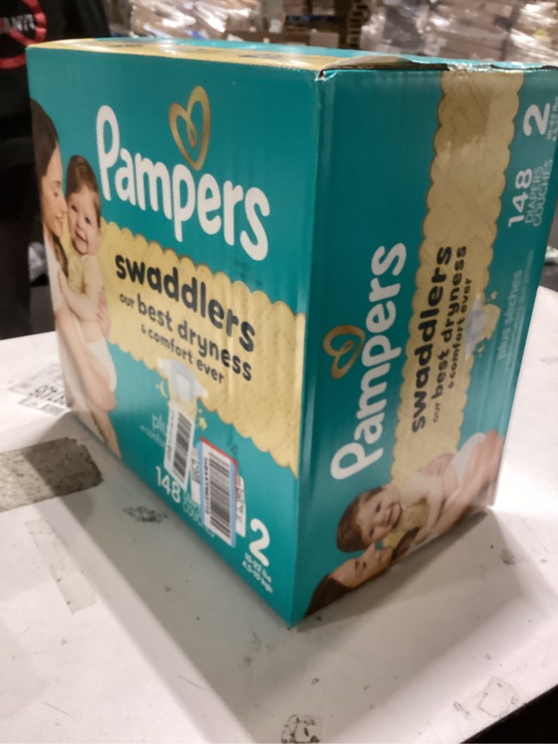 Condition photo showing New/Like New for pampers swaddlers diapers, size 2 (10-22 lbs), 148 count, absorbent, keeps baby dry and comfortable, skin safe disposable baby diaper size 2 148