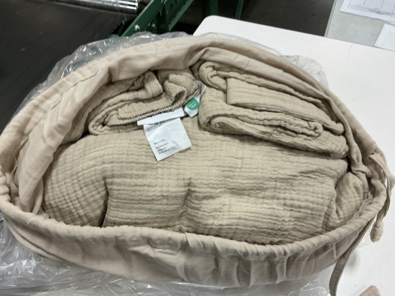 Condition photo showing As Is for organic cotton gauze duvet cover set, full/queen, dune
