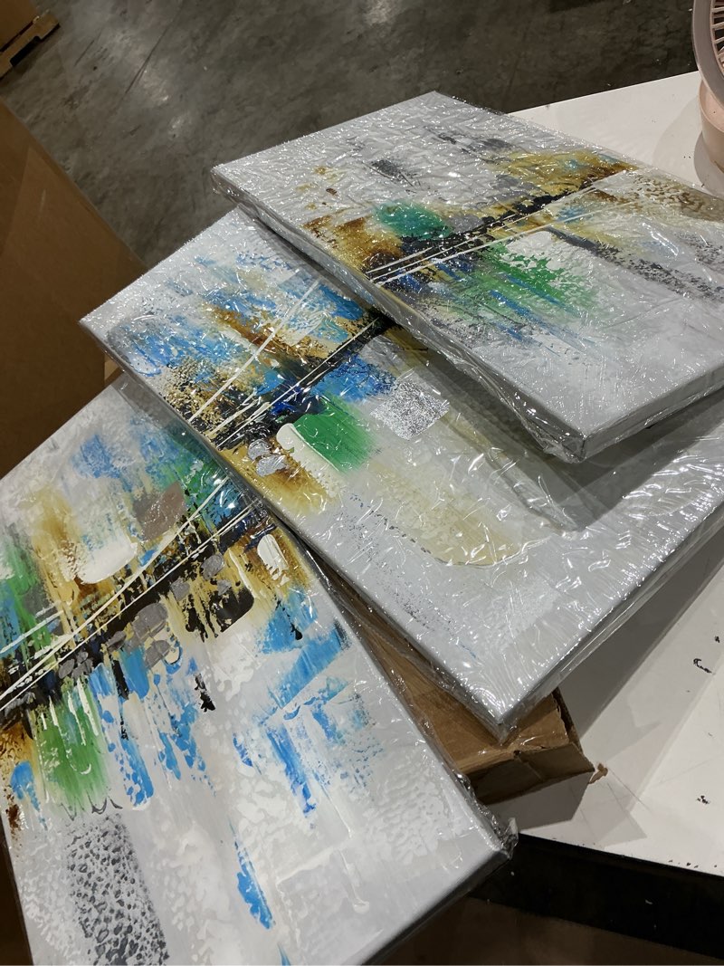 Condition photo showing Good Condition for artland canvas wall art for living room 3 piece pictures ready to hang wall decorations canvas home decor ‘summer rain’ 3 piece artwork for walls hand painted wall art