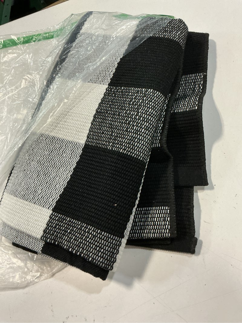 Condition photo showing Good Condition for buffalo plaid outdoor rug, 3'x5' black and white check indoor/outdoor area rugs, layering rug for hello/welcome door mat, washable cotton woven farmhouse mat for ?christmas front porch décor 3' x 5' (rectangular) black and white plaid