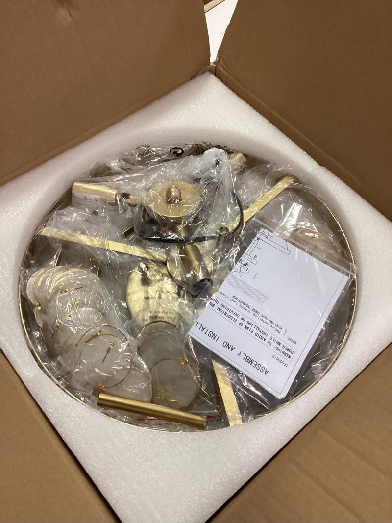 Condition photo showing New/Like New for 13.8" Boho Capiz Shell Ceiling Light Flush Mount Modern 3-Light Gold Chandeleir for Bedroom Kitchen Island Foyer Entryway