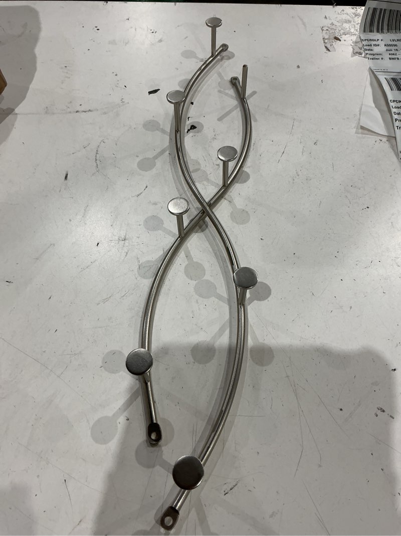 Condition photo showing As Is for spectrum sweep decorative metal coat rack 8 hook wall mounted hook rail for hanging coats hats bags and more, easy install heavy duty steel organizer for entryway bathroom bedroom decor, satin nickel satin nickel wall-mount