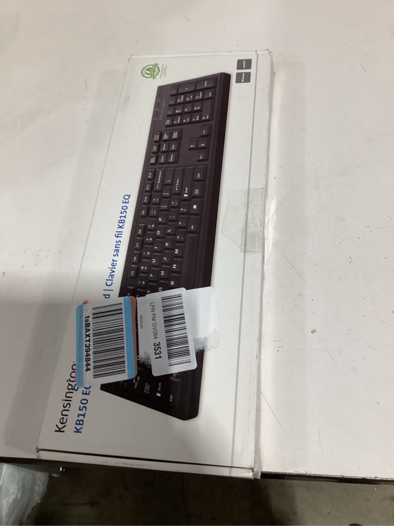 Condition photo showing As Is for kensington kb150 eq wireless keyboard, full size, 2.4ghz wireless connection, spill-proof, 104-key, 