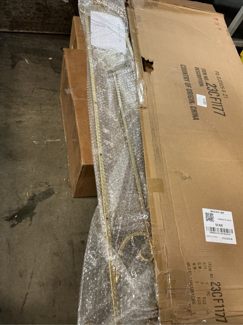 Condition photo showing Good Condition for 20"L x 26.75"W x 56.5"H Large Easel Stand for Display, Adjustable Heigh Metal Gold Easel Stand with Chain Support, Heavy Duty Easel for Mirror, Sign, Wedding, Picture Frame. (No Installation Required) Scrollwork Water Droplet Top