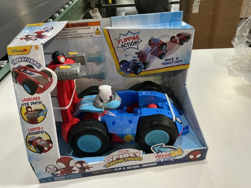 Condition photo showing New/Like New for Jazwares Marvel Spidey and His Amazing Friends Team Spidey Flip and Reveal Cruiser - 11-Inch Double-Sided Vehicle with Lights, Sounds, and Web Blast Launchers