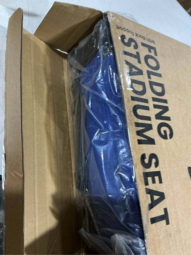 Condition photo showing As Is for sheenive stadium seats for bleachers with back support, bleacher seats with backs and cushion wide, padded portable folding comfort stadium chair with shoulder strap, perfect for sports events, blue blue 1