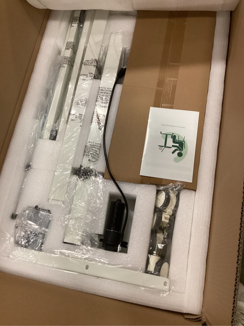 Condition photo showing New/Like New for Glass Standing Desk with Drawer, 35×20Inch Whole Piece Height Adjustable Rising Desk, Electric Sit Stand Desk with Wheels, Small Computer Desk, White
