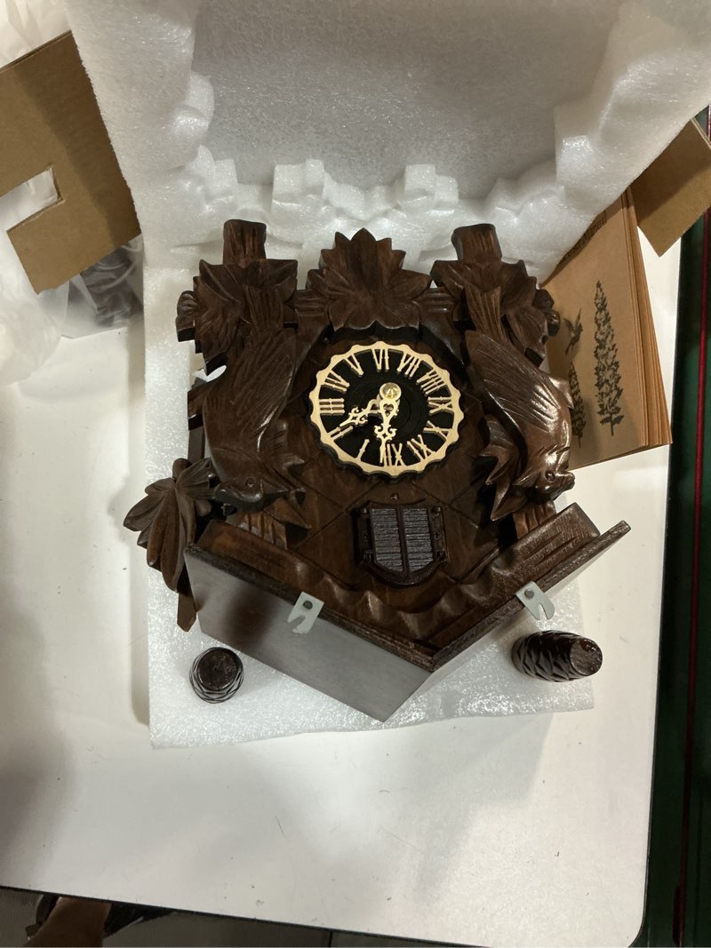 Condition photo showing Good Condition for kintrot cuckoo clock, traditional black forest handcrafted wooden quartz clock for wall antique decroration with maple leaf pendulum, 12 melodies, night sensor and singing bird kt816w