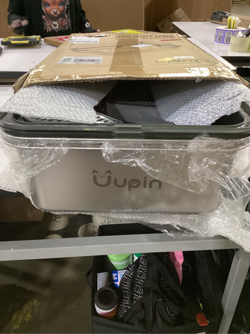 Condition photo showing As Is for 2 pack stainless steel litter box - xl extra large metal cat litter box with scoop & pedal for big cats and multi-cats, angled entrance design, anti-urine leakage, non-stick bottom