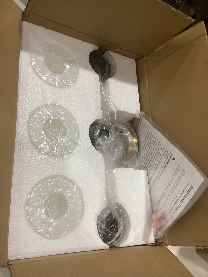 Condition photo showing New/Like New for 3-Light Bathroom Light Fixtures, Vanity Lights for Mirror with Textured Milky White Glass Shade, Modern Kitchen Light Fixtures Wall Sconce Light - E26 Base - Brushed Gold Gold 3-Light