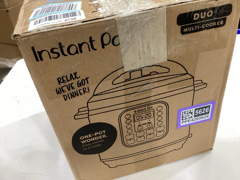 Condition photo showing As Is for instant pot duo 7-in-1 electric pressure cooker, slow cooker, rice, steamer, sauté, yogurt maker, warmer & sterilizer, includes app with over 800 recipes, stainless steel, 6 quart