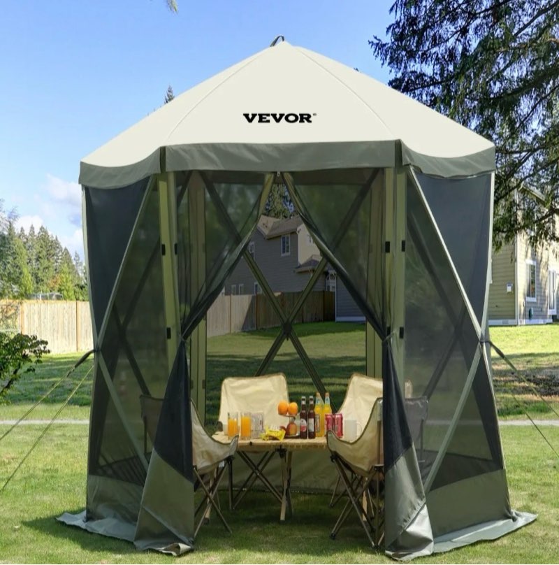 vevor pop up gazebo tent, pop-up screen tent 6 sided canopy sun shelter with 6 removable privacy wind cloths & mesh windows, 10x10ft quick set screen tent with mosquito netting, army green