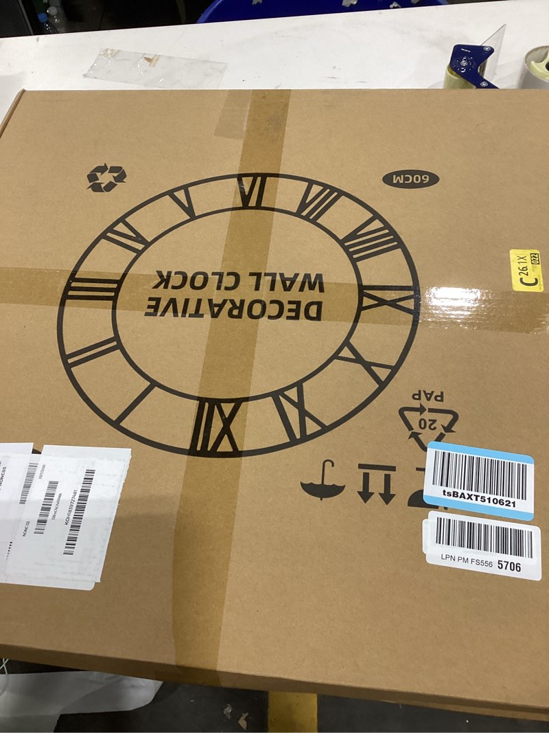 Condition photo showing Good Condition for LEIKE Large Wall Clock, 24" Completely Silent, Non Ticking, Battery-Operated,Rustic Round Modern Metal Wall Clock Decor for Living Room, Bedroom and Kitchen, (60cm, Black-Roman Number) 24 Inch Black-roman Number