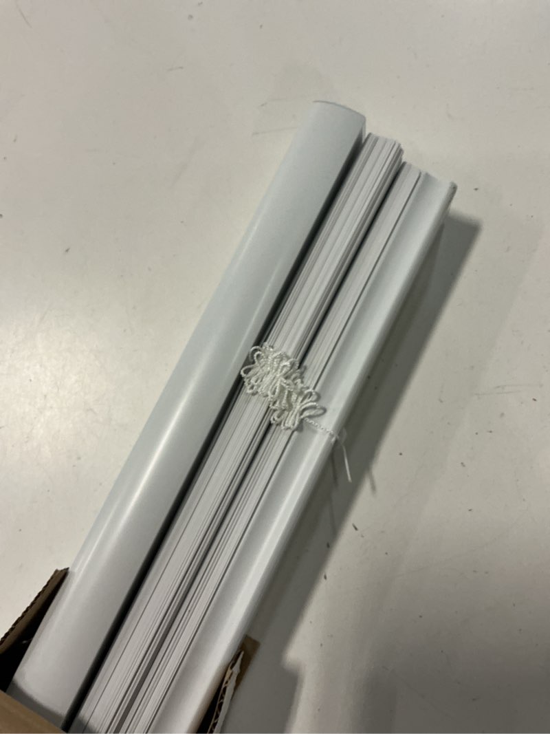 Condition photo showing As Is for project source light filtering 1-in slat width 23-in x 42-in cordless white vinyl light filtering mini-blinds