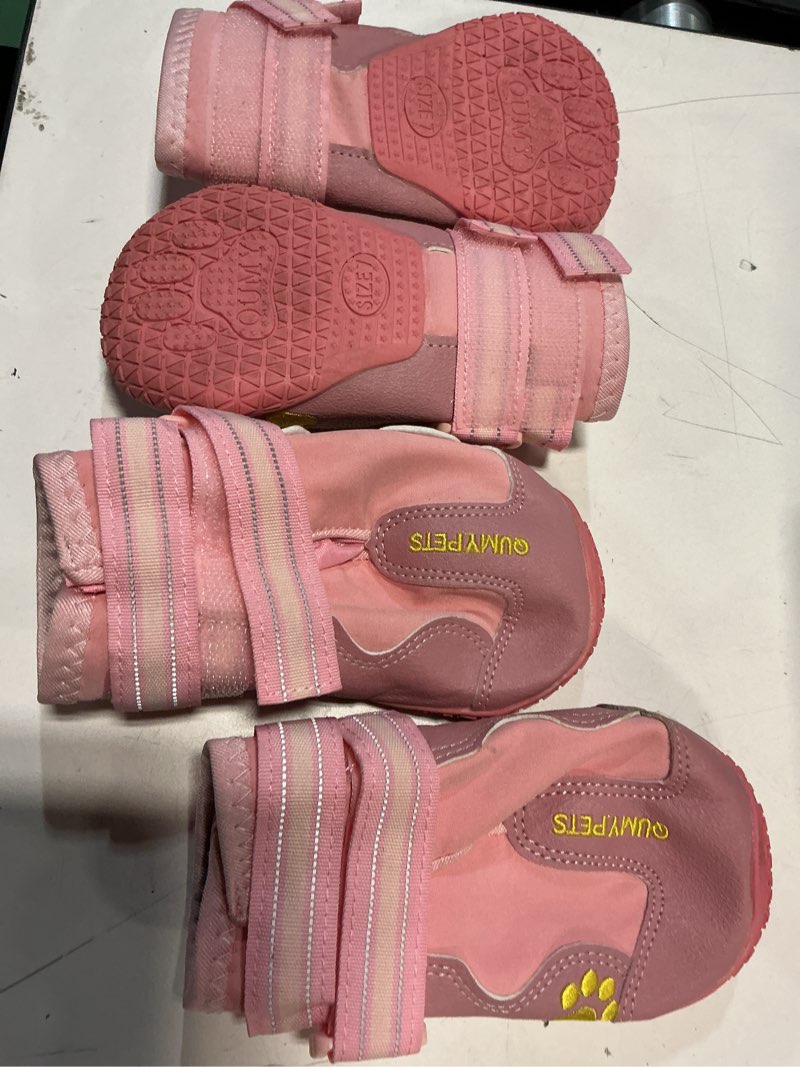 Condition photo showing As Is for QUMY Dog Shoes for Large Dogs, Medium Dog Boots & Paw Protectors for Winter Snowy Day, Summer Hot Pavement, Water-Resistant in Rainy Weather, Outdoor Walking, Indoor Hardfloors Skid-Resistant Sole Pink Size 7: 2.8''x3.2"(W*L) (Pack of 4)