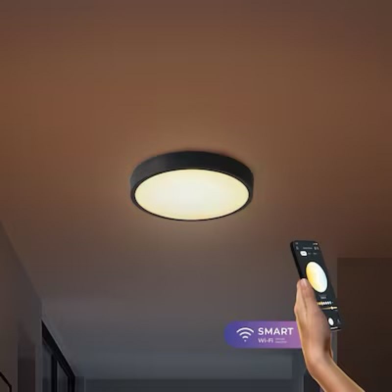 globe electric wes 13-in matte black indoor smart led rgbw flush mount light with plastic shade