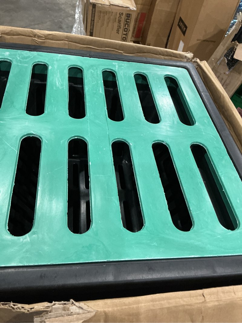 Condition photo showing As Is for catch basin with fiber glass grate-deep catch basin for drainage with debris basket,french drain catch basin without reserved hole for yard,downspout,lawn,municipal pipeline 18x18x24in green 1 pack