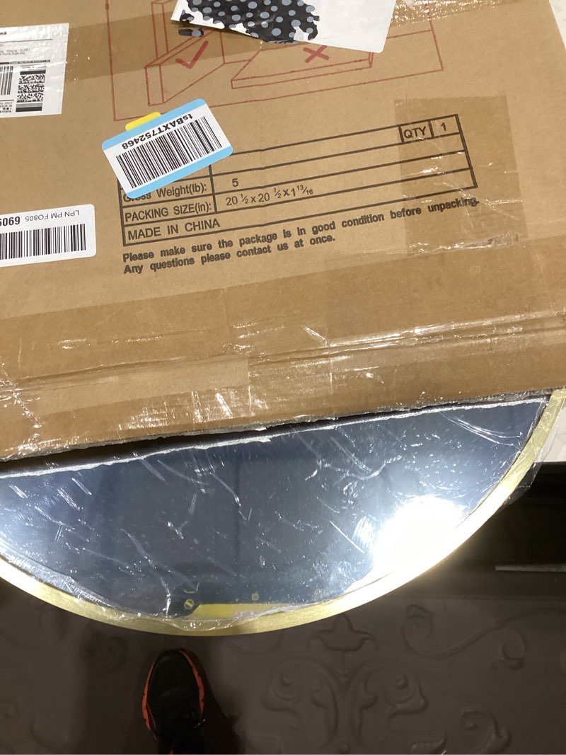 Condition photo showing Good Condition for gold circle wall mirror 18 inch, brushed metal framed circle mirror for bathroom vanity,living room,entryway,tempered glass, anti-rust 18" x 18" brushed gold