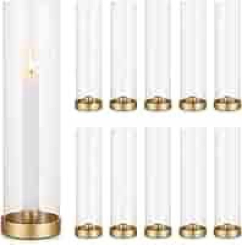 Romadedi Glass Hurricane Candle Holders Gold - 12 Inch Taper Candlestick Holder Bulk Clear Glass Cylinder Table Centerpiece Wedding Decor Party Birthday Christmas Home Decorations, Set of 10