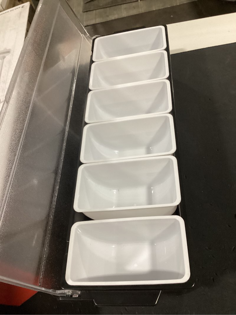 Condition photo showing Good Condition for vevor chilled condiment server, 6 compartment ice cooled condiment serving container, chilled garnish tray bar caddy with lid, for bartending & serving taco, salad, fruit, home & restaurant supplies