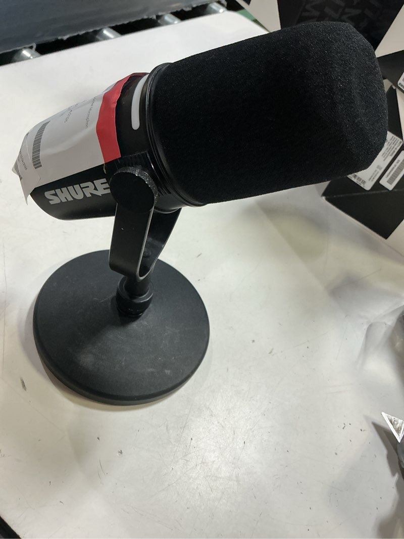 Condition photo showing As Is for shure mv7+ podcast dynamic microphone with stand. obs certified, enhanced audio, led touch panel, usb-c & xlr outputs, auto level mode, digital pop filter, podcasting, streaming, recording - black