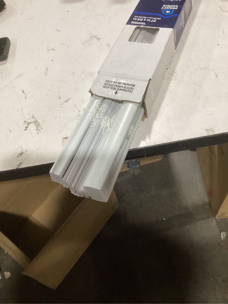 Condition photo showing As Is for 1k+ bought last week Project Source Room Darkening 1-in Slat Width 27-in x 64-in Cordless White Vinyl Room Darkening