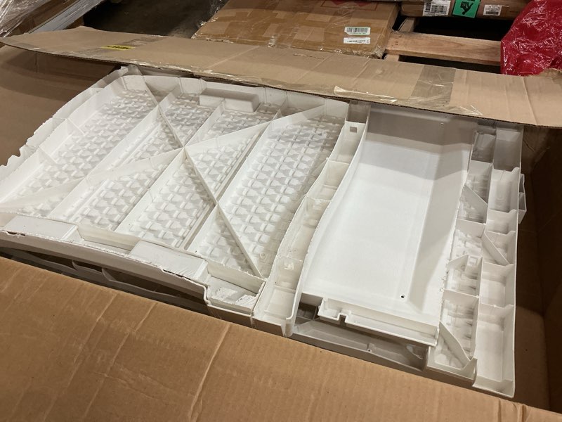 Condition photo showing As Is for Suncast 99 Gallon Wicker Horizontal Outdoor Deck Box with Hinged Lid, Water-Resistant Storage Solution for Patio, Deck, Yard, and Garage, White, Made in the USA White Deck Box