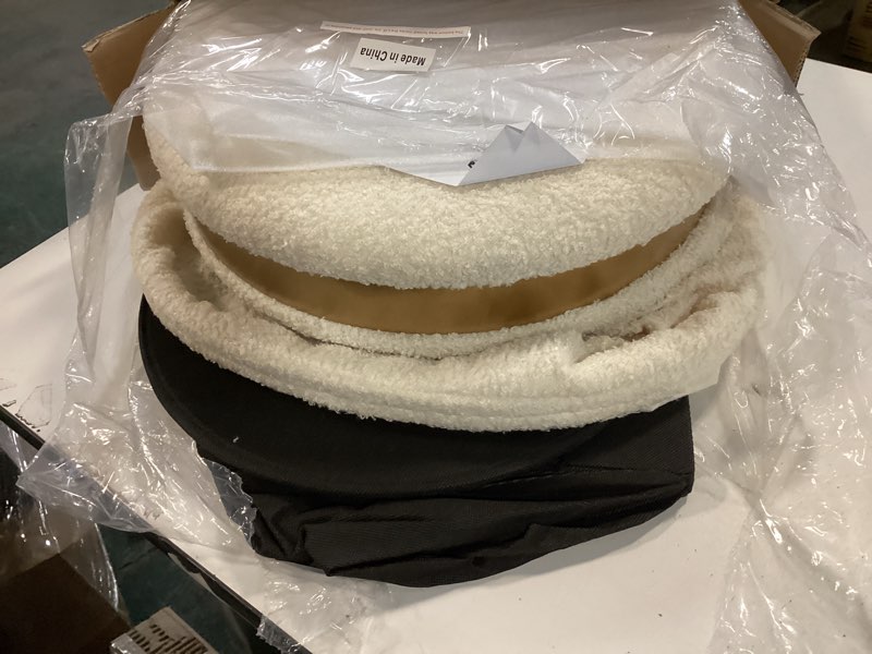Condition photo showing Good Condition for B FSOBEIIALEO Ottoman with Stroage, Round Boucle Storage Ottoman with Gold Plating Base,Foot Rest Stool for Dorm Room, Living Room White, 16.73"x16.73"x17.72" 16.73x16.73x17.72 inches White