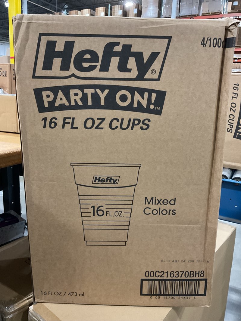 Condition photo showing New/Like New for hefty party cup variety pack, disposable plastic party cups, easy grip & durable, assorted color cup variety pack, 16-ounce cups, 100 ct per pack (pack of 4) 100 count (pack of 4)