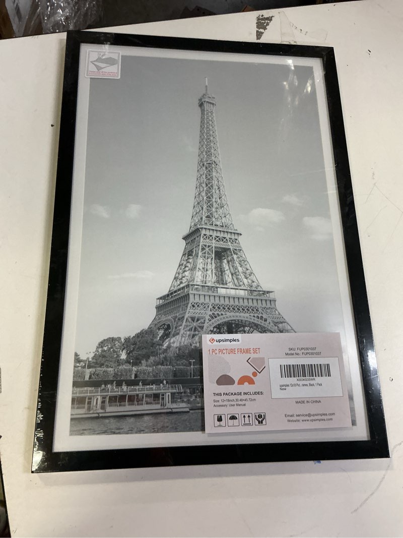 Condition photo showing New/Like New for upsimples 12x18 picture frame, display pictures 11x17 with mat or 12 x 18 without, wall hanging poster frames, black, 1 pack black 12x18