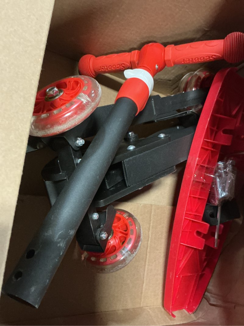 Condition photo showing As Is for kick scooter for kids ages 6-12, led lighted wheels and 3 adjustable height handlebars, kids kick scooter, extra wide deck for girls and boys blue red