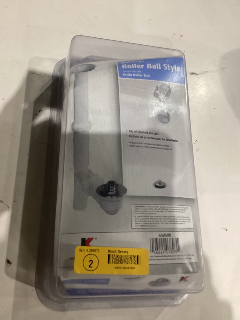 Condition photo showing As Is for keeney 1-1/2-in polished chrome white/polished chrome roller ball drain with plastic pipe included