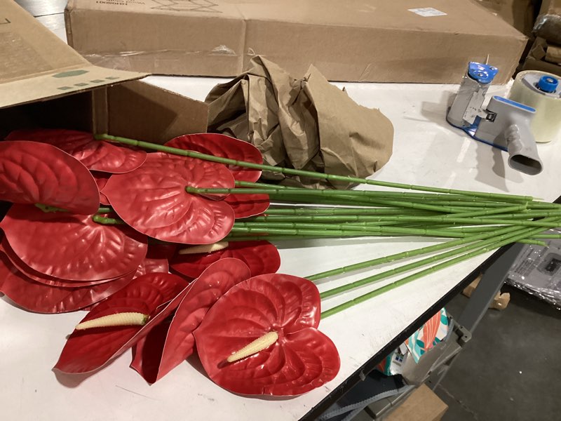 Condition photo showing Good Condition for artificial anthurium flowers 23.6 inch fake anthurium flowers for diy vase bouquets centerpiece arrangements wedding bridal shower party home decor(red) red