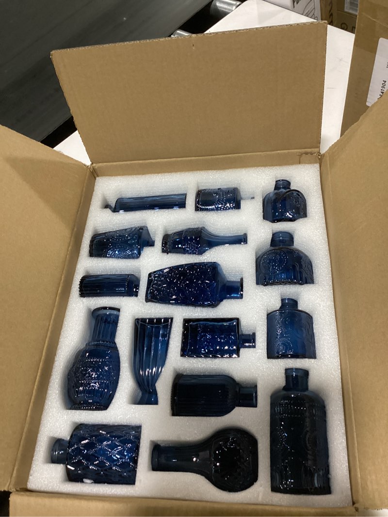 Condition photo showing New/Like New for glass bud vases set of 16 - blue assorted small mini glass vases for flowers, crystal vintage vase set, bulk centerpieces for table décor, wedding, home and events (blue, 16 pcs) blue 16 pcs