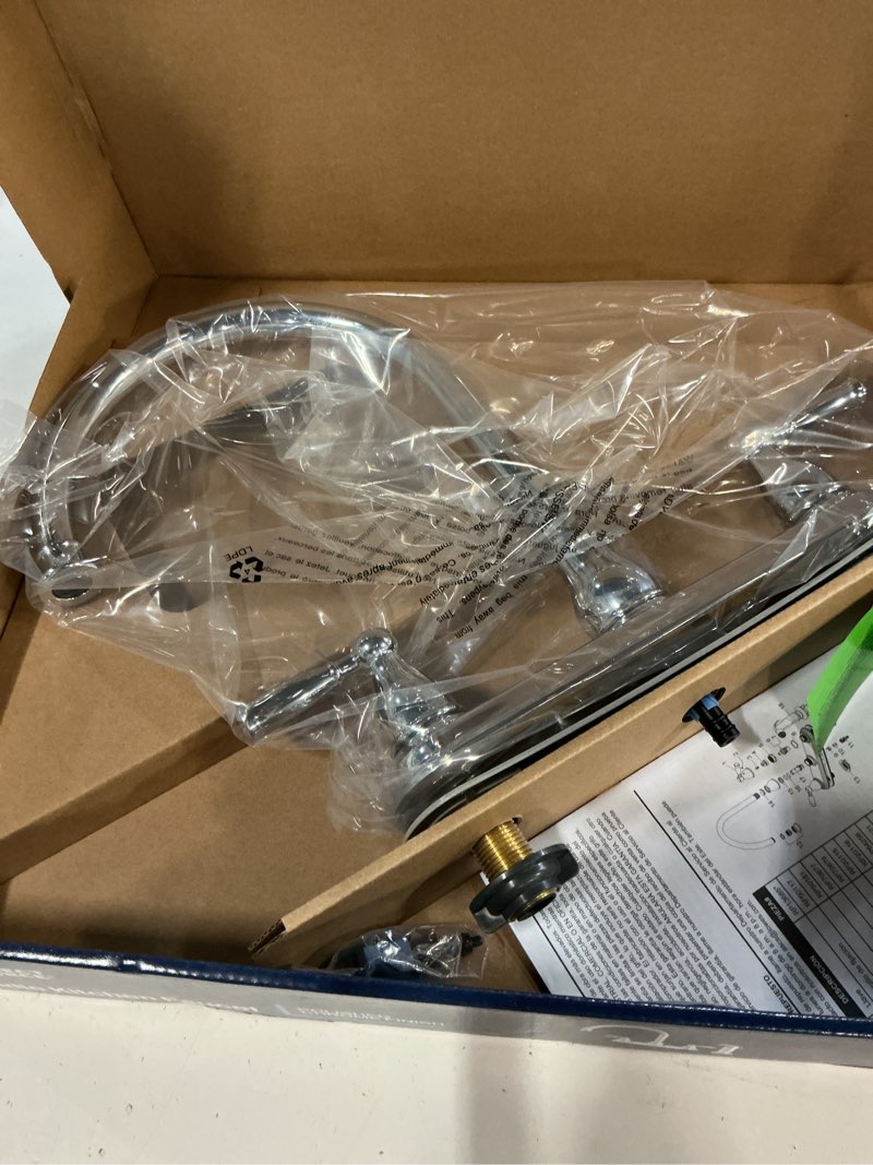 Condition photo showing New/Like New for project source brice polished chrome double handle deck-mount kitchen faucet ( deck plate included ) ( side sprayer included )