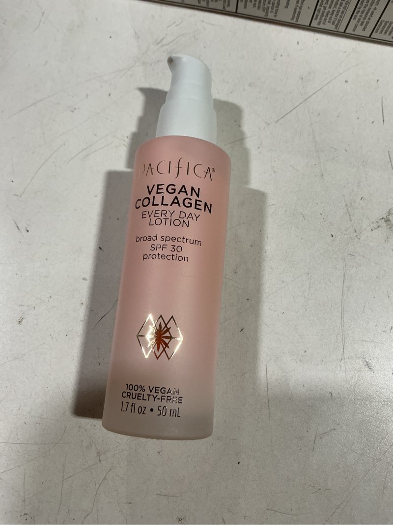 Condition photo showing Good Condition for Pacifica Beauty Vegan Collagen SPF 30 Broad Spectrum Sunscreen Every Day Face Lotion, UVA/UVB Protection for All Skin Types, Lightweight, Moisturizing & Hydrating, Cruelty Free, White, 1.7 Fl Oz Vegan Collagen SPF30 Every Day Lotion 1.7 Fl Oz (Pack of 1)