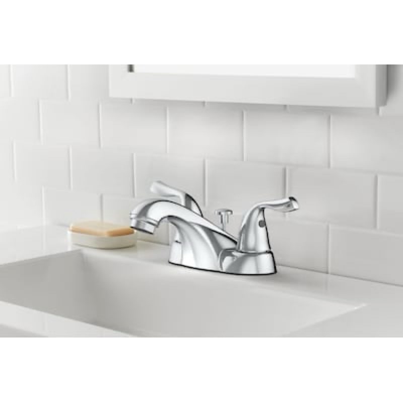 project source polished chrome 4-in centerset 2-handle watersense low-arc residential handle bathroom sink faucet with drain with deck plate