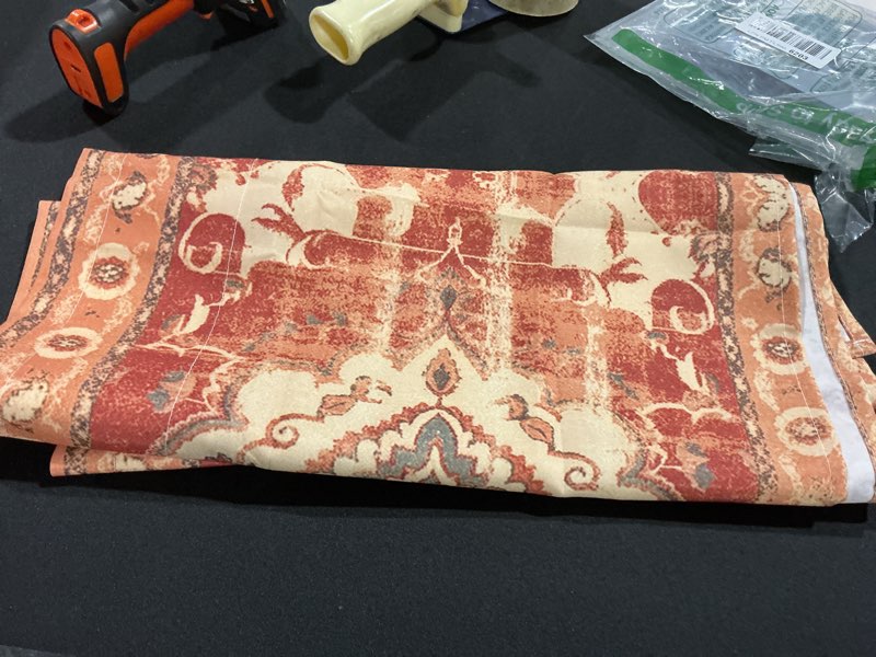 Condition photo showing Good Condition for (Similar to stock photo) Farmhouse Burnt Orange Brown Valances for Windows, Kitchen Curtains Window Treatment Decor, Vintage Country Wooden Rod Pocket Short Window Valances for Living Room/Bedroom, 42\" x 12\" 42\"W x 12\"L (Pack of 1) Amber Orange